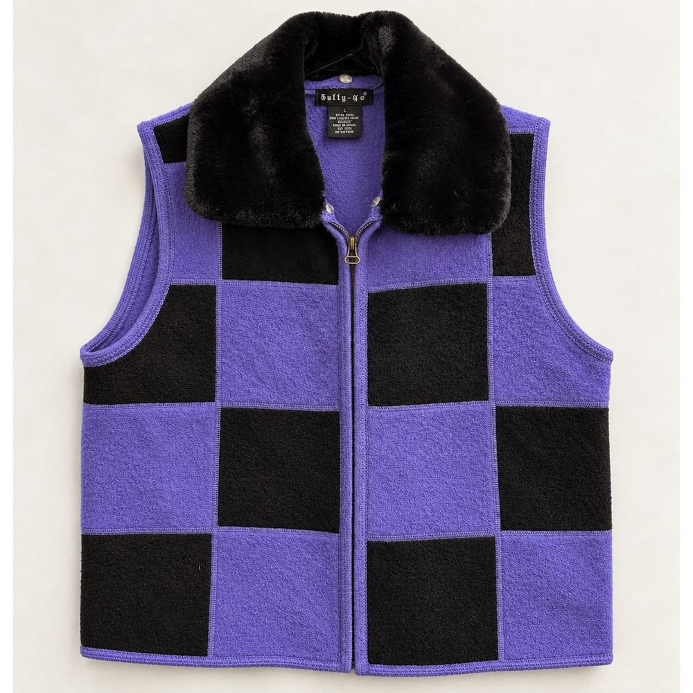 Tally-Ho Wool Vest Purple Black Checkered Faux Fur Collar Vintage Style Large
